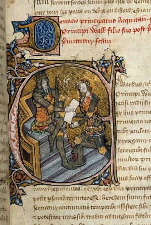Miniatura que representa a Eduardo de Woodstock, conocido también como el Príncipe Negro (1330-1376). Hijo del rey Eduardo III de Inglaterra y heredero de la Corona inglesa, ganó una enorme reputación al conducir una prolongada y devastadora expedición en 1355-1356 contra Limoges y el Languedoc además de su papel en Castilla durante la Guerra de los Dos Pedros (1361-1369). Miniatura en el manuscrito de la Compilación Histórica (1390), Cotton MS Nero D VI, f.31r. (Fuente: British Library.) http://www.bl.uk/onlinegallery/onlineex/illmanus/cottmanucoll/e/zoomify75402.html